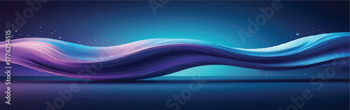 Layered ribbon wave in purple and cyan floats over a glowing teal background with particles. Fluid, modern, and ideal for tech or design visuals.