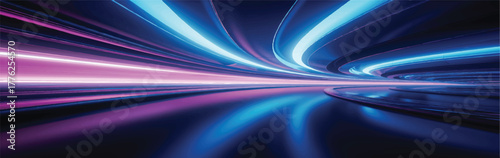 Curved neon tunnel in blue and pink with motion blur and reflections. A high-tech visual for sci-fi and virtual themes