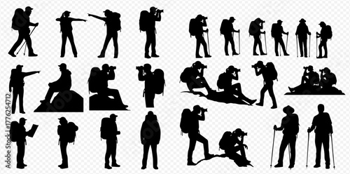 Collection of black silhouettes depicting hikers and photographers in various poses, carrying backpacks and using trekking poles or cameras during outdoor adventures.