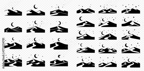 Collection of desert night landscape vector icons with sand dunes, moon, and stars.