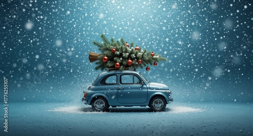 vintage blue car carrying a decorated christmas tree in a snowy winter landscape