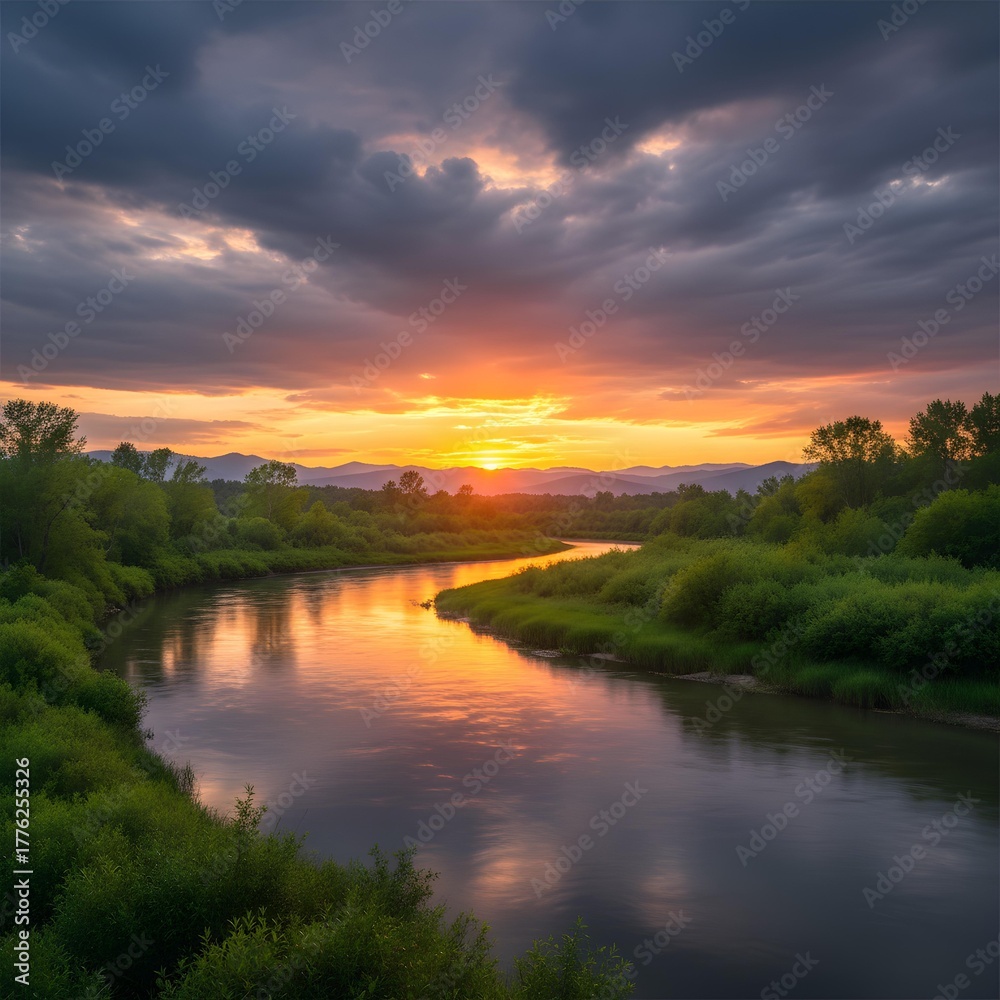 Obraz premium Winding river at sunset with dramatic clouds, lush greenery, and mountain silhouettes in tranquil natural landscape
