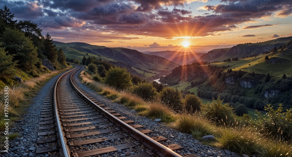 Fototapeta premium serene railway track curving through vibrant mountain landscape at golden hour sunset with dramatic sky.