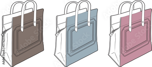 Set of three stylish tote bags in brown, blue, and pink with clean lines and a modern aesthetic, perfect for fashion or everyday use