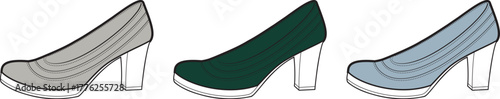 A set of stylish women's block heel pump shoes in grey, green, and blue. Fashionable footwear collection and style concept illustration