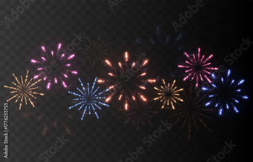 Festive multicolored fireworks PNG. Exploding various fireworks on a transparent background. Festive background.