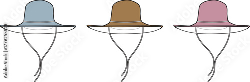 Collection of three sun hats in different colors, showcasing stylish headwear for outdoor activities and fashion