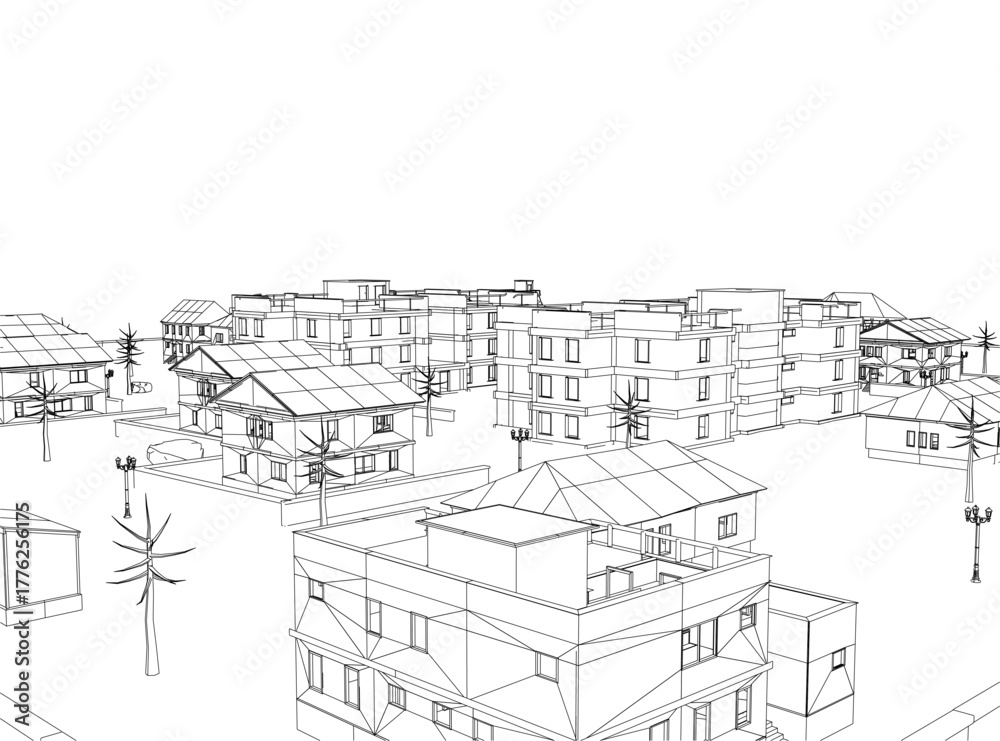 Fototapeta premium Black and white cityscape contour drawing featuring detailed houses, streets, and trees with poles. The monochrome illustration captures urban architectural details.
