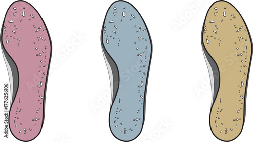 A collection of colorful shoe insoles in pink, blue, and yellow, representing variety and personalized foot comfort. Vector design for footwear concepts
