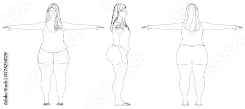 A fat woman with long hair and shorts stands in three different poses with arms outstretched. She appears to be on a weight loss journey against a plain white background. Front, side, back view