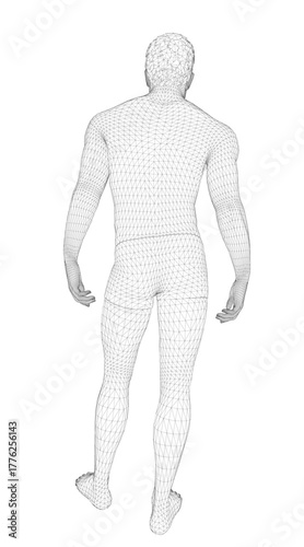 A man in underpants stands in a 3D wireframe model, short dark hair, and a light tan complexion. Back view