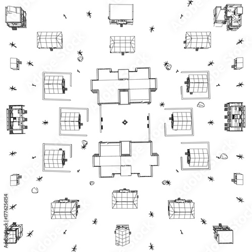 A black and white architectural floor plan of a house uses a grid of boxes to represent the structure's levels and city streets. Top view
