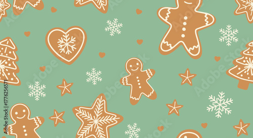 Festive gingerbread cookies and snowflakes seamless pattern, ideal for holiday cards, wrapping paper, and adding a touch of winter magic to your designs