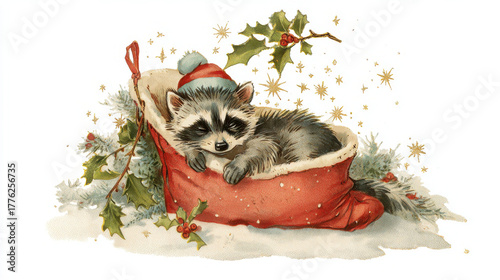 A cute and cozy raccoon sleeps soundly in a Christmas stocking, surrounded by festive cheer.