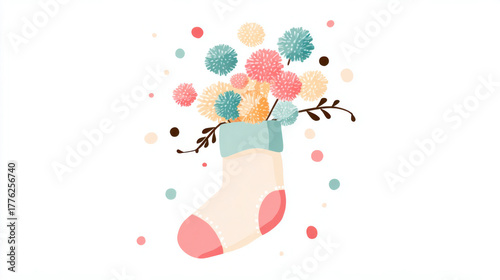 Cute illustration of a sock filled with flowers for a cozy and kawaii feeling.