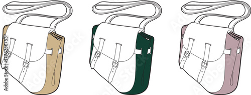 A collection of classic satchel bag illustrations with shoulder straps, shown in three different color schemes. Vector fashion accessory design set