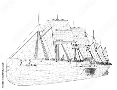 A detailed 3D wireframe model of a pirate ship features intricate masts, sails, and a realistic hull design.