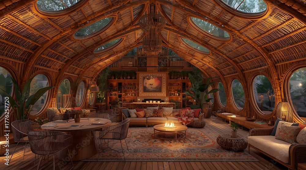 Obraz premium Exotic bohemian living room with a vaulted bamboo ceiling and cozy fireplace