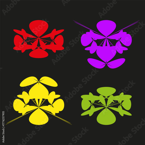 Vibrant flower icons. Abstract floral symbols. Dark black background. Vector nature elements.