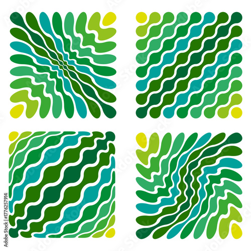 Green leaf shapes pattern. Abstract dynamic motion. Bright foliage composition. Vector nature illustration.