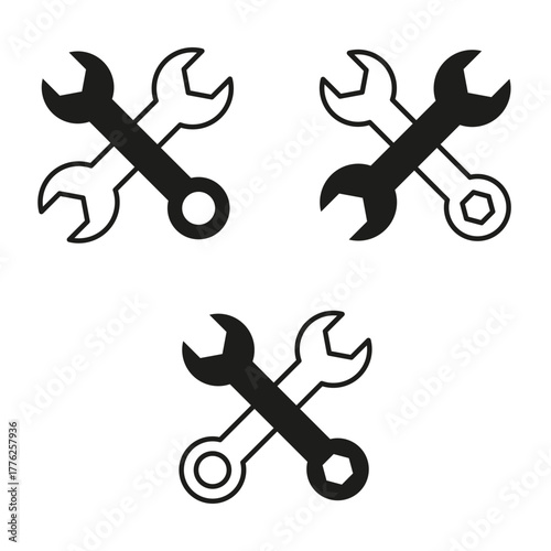 Black wrench tool icon. Spanner repair symbol. Mechanic engineering element. Vector service illustration.