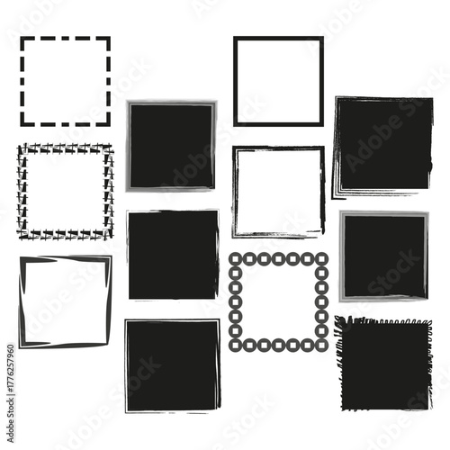 Grunge square frames. Distressed border shapes. Abstract ink elements. Vector isolated icons.