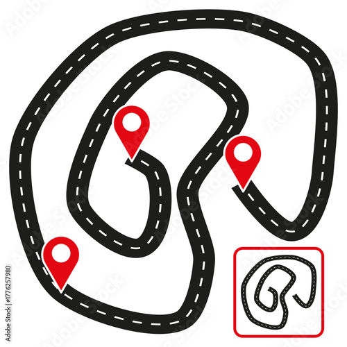 Road map path. Pin pointers placement. Location route Vector. Commercial at symbol.