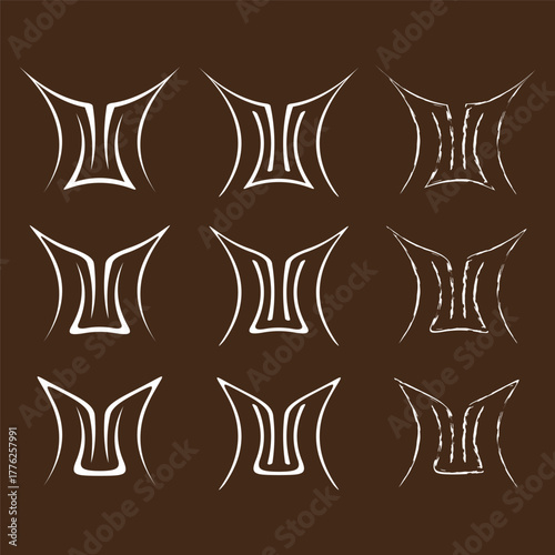 Abstract white ornament. Dark brown background. Nine pattern elements. Decorative sign Vector.