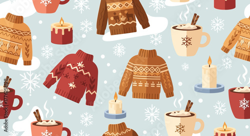 Cozy winter vibes with sweaters, steaming mugs, and glowing candles, perfect for festive holiday designs and seasonal promotions, originally a scalable vector