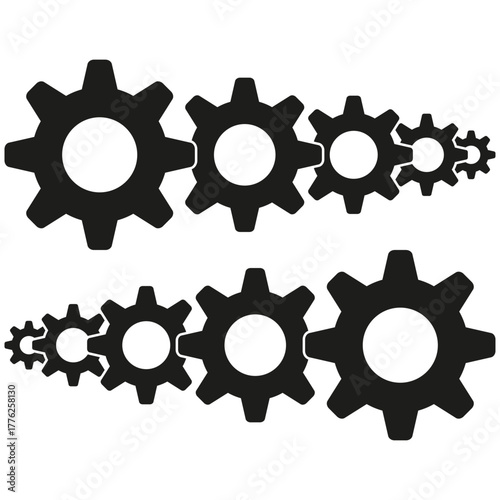 Black gear illustration. Machine cog Vector. Mechanical parts elements. Industrial icon symbol.