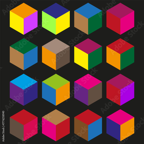 Colorful cube shapes. Isometric geometric blocks. Abstract design elements. Vector three dimension pattern.