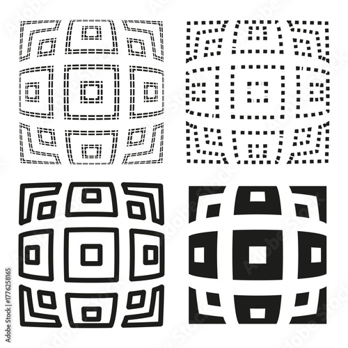 Square geometric patterns. Abstract tile symbols. Outline dotted Vector. Black white background.