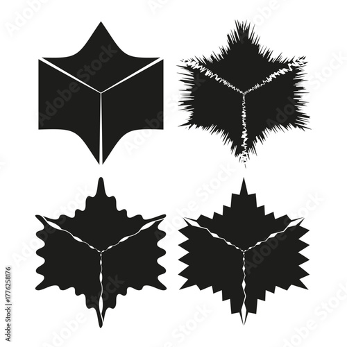 Black spiky shapes. Abstract star elements. Distorted geometric figures. Vector silhouette collection.
