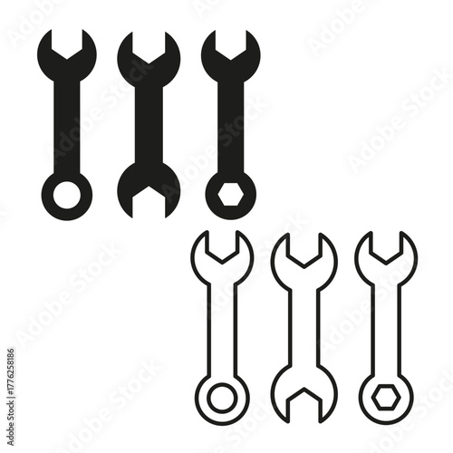 Outline wrench tools. Spanner equipment symbol. Line art mechanic icons. Vector engineering set.