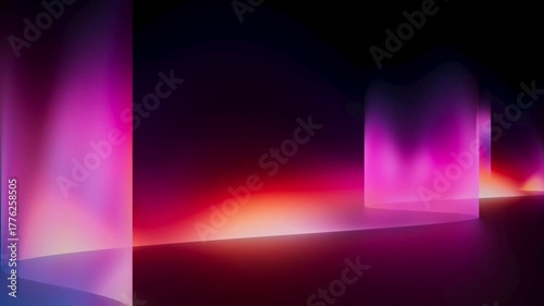 Modern color laser pillars and neon windows bathe the floor in warm and cool aurora-style gradients, looping seamlessly. 3D render animation.
