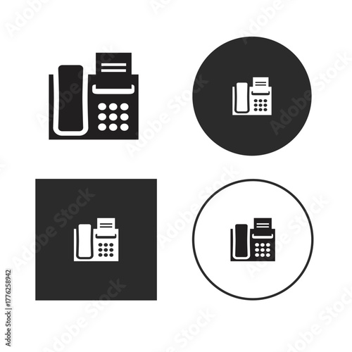 Set of four fax machine icons, illustrating a traditional communication device with paper output, presented in different styles and shapes for versatile use