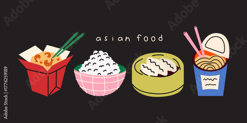Asian cuisine banner in cartoon doodle style. Asian street food, traditional dishes, noodles, rice. Vector food illustrations for banner, flyer, brochure, advertising