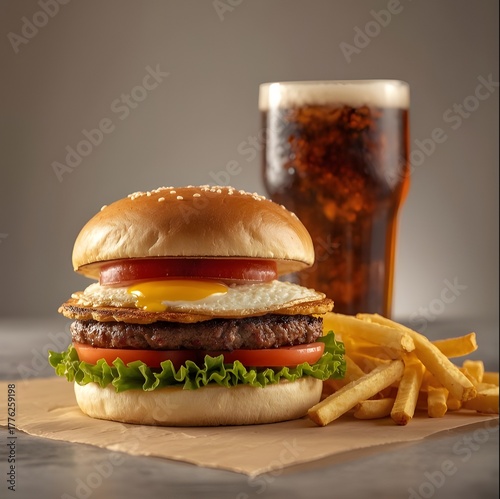 Hamburger menu with fries and cola
