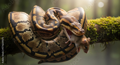Intense python coils around small mouse on mossy branch, capturing raw survival in nature's drama