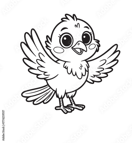 Cute cheerful outlined cartoon bird is flapping its wings happily on transparent background, kids’ coloring pages, kids, coloring, pages,