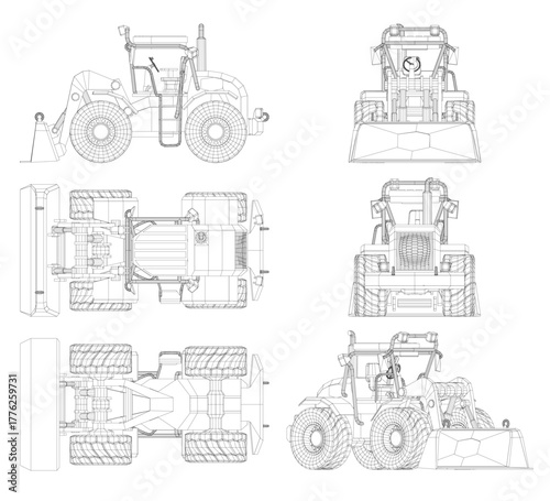 Detailed blueprint of a wheel loader featuring headlights, grille, wheels, and bucket in a technical wireframe set.