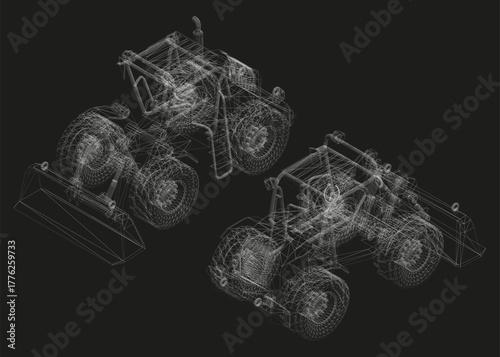 A 3D wireframe model of a bulldozer with a large bucket, isolated on a black background. This detailed set showcases the vehicle's mechanical structure and design features. Isometric view