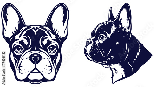 French Bulldog Front And Side Head Views, Black And White Outline Portrait Vector For Urban Pet Branding And Breed Posters
