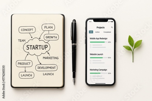 Startup planning and project management with smartphone and notebook on desk