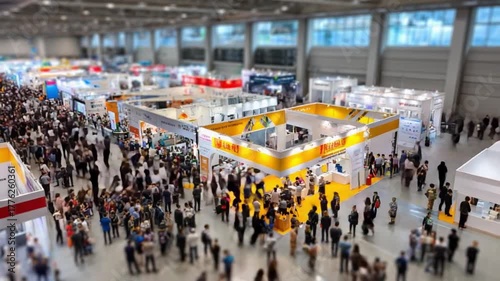 Wallpaper Mural Exhibition Crowd: A comprehensive overhead shot captures the buzzing atmosphere of an exhibition, teeming with a crowd exploring various display booths. The scene exudes energy. Torontodigital.ca