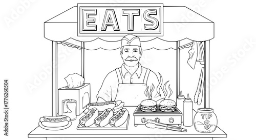Vector of street vendor selling hot dogs and burgers, simple and detailed lines
