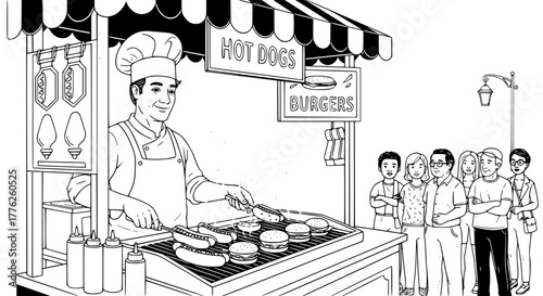 Vector of street vendor selling hot dogs and burgers, simple and detailed lines