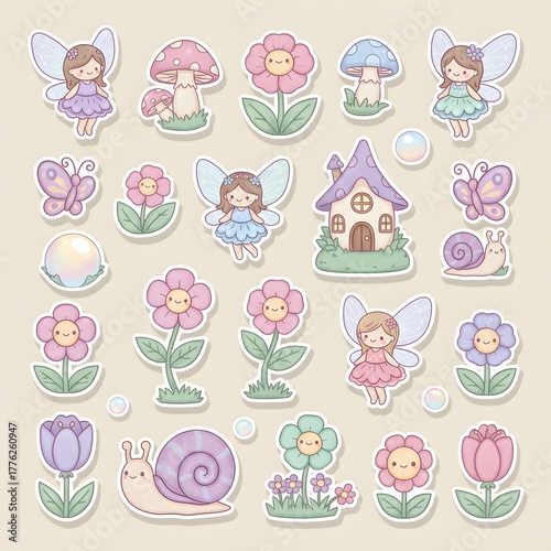 Cute Kawaii Fairy Garden Scene with Adorable Fairies Flowers Mushrooms Butterflies and Snails Whimsical Pastel Fantasy Cartoon Illustration PNG