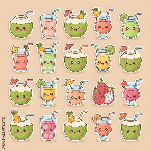 Adorable Kawaii Coconut Drinks and Tropical Fruit Juices with Cute Smiling Faces Colorful Summer Refreshing Cartoon Beverage Collection PNG Illustration