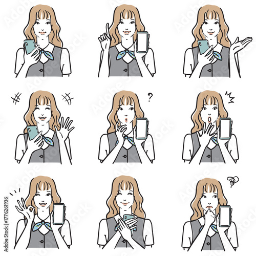 オフィス女性の表情いろいろ　スマートフォン